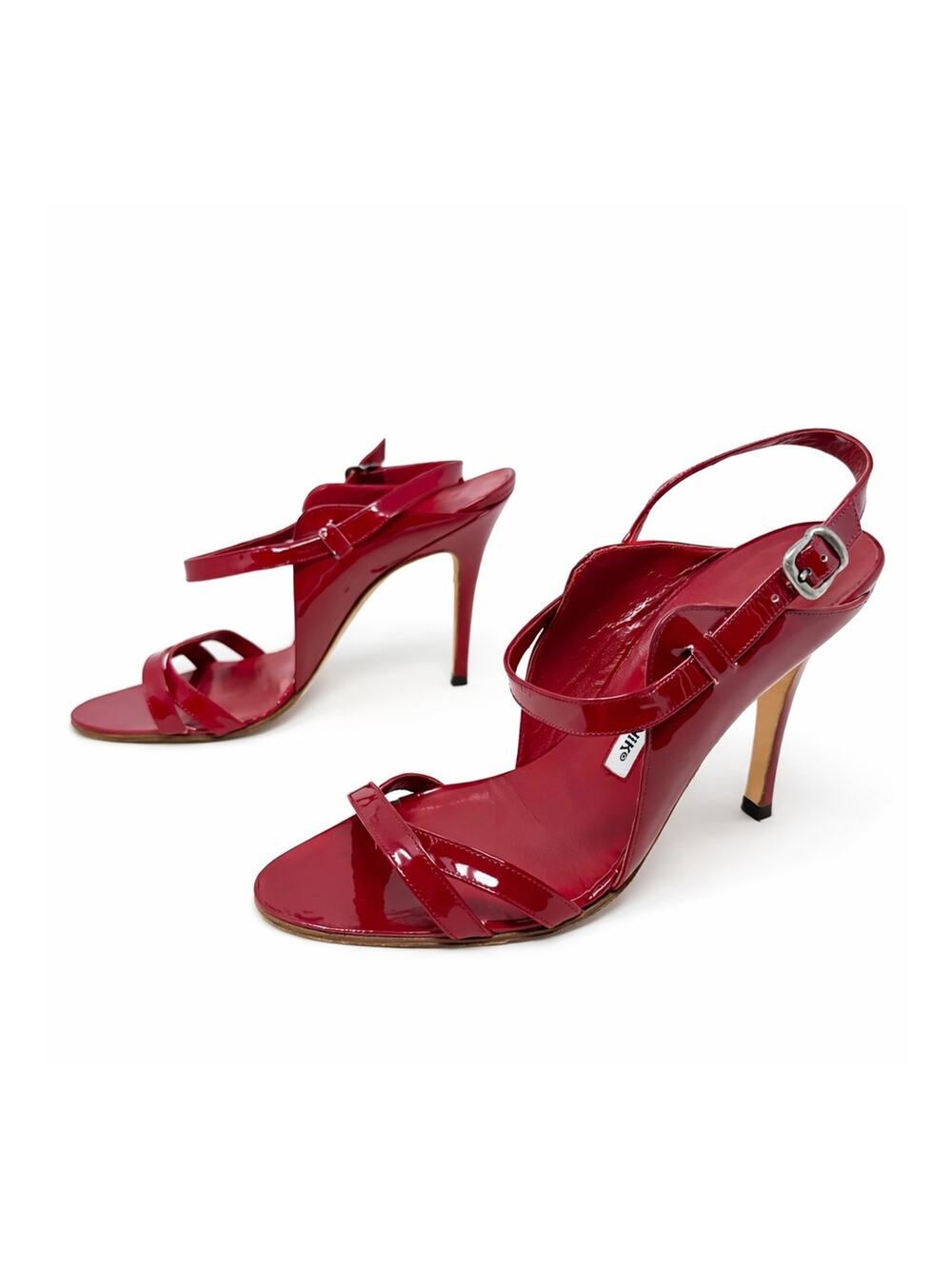 Manolo Blahnik Dodo Red Patent Leather Strappy Sandal Heels Womens Size EU 38.5